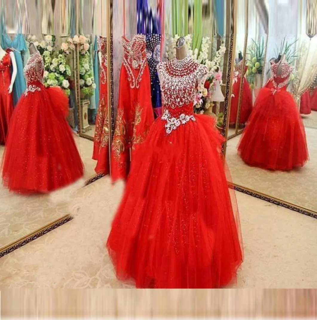 2019 Golden Globe Girl Pageant Dresses Cap Sleeve Beads Crystals Pageant Dresses Evening For Girls Tulle Little Girls Red Flower G2864312