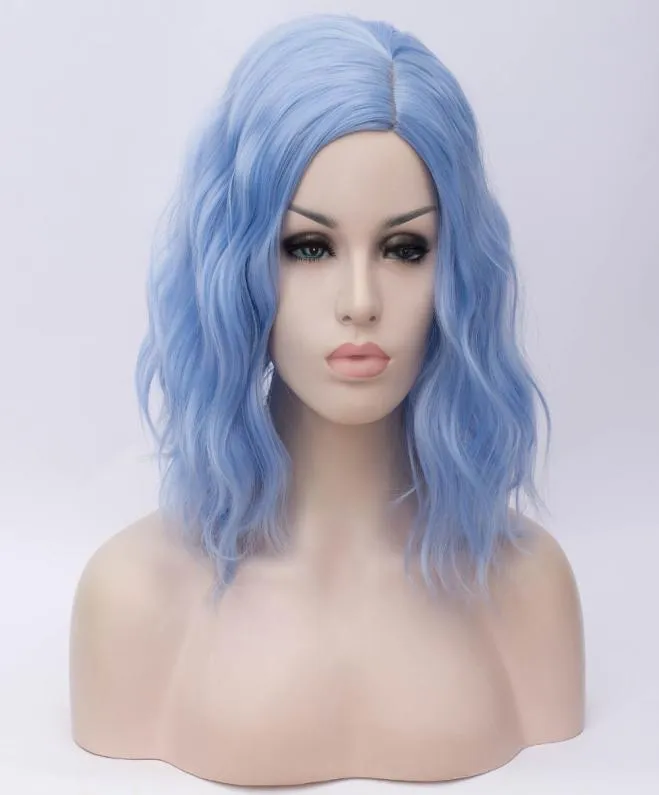 Parrucche bob corte ondulate sexy Parrucca sintetica azzurra Fibra resistente al calore Capelli Con riga laterale Per le donne Party Cosplay8722955