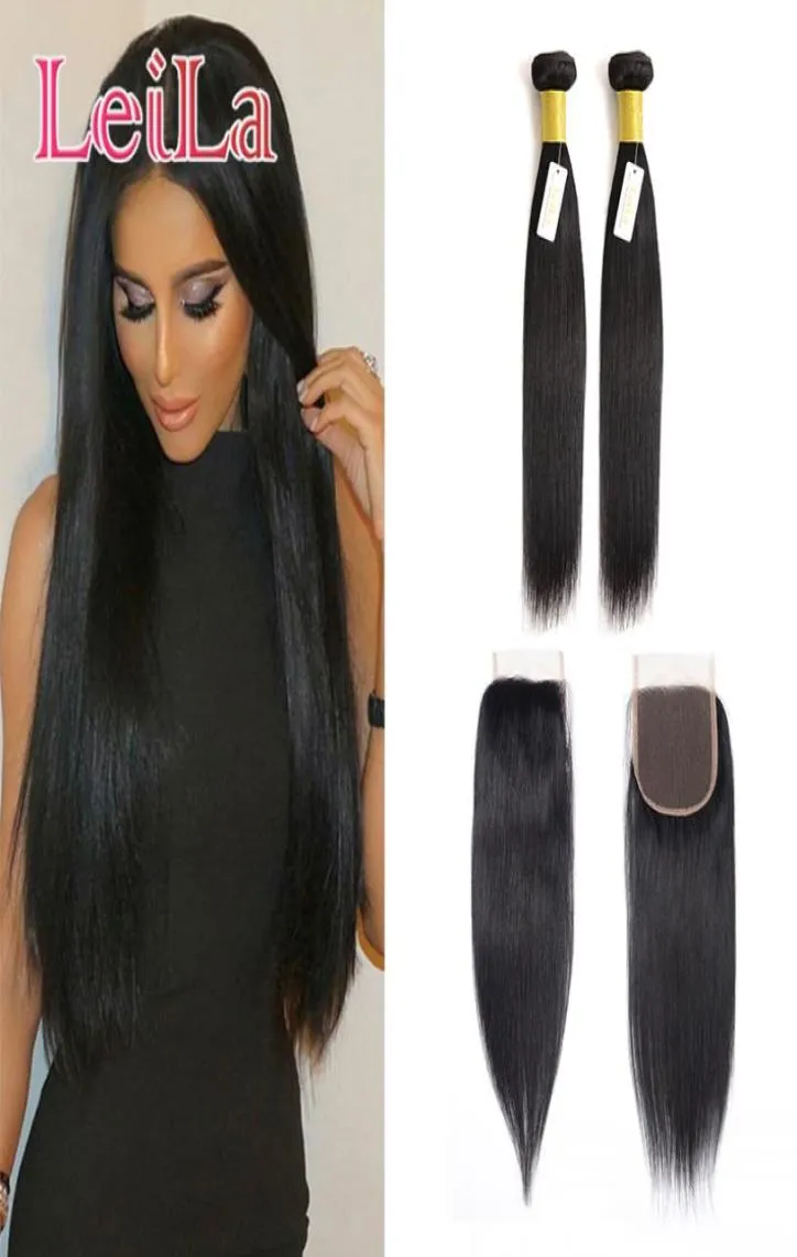 Peruvian Virgin Hair Silkeslen Straight Hair 2 Bunds med 4 x 4 spetsstängning Mellan tre del 100 obearbetat mänskligt hår8565166