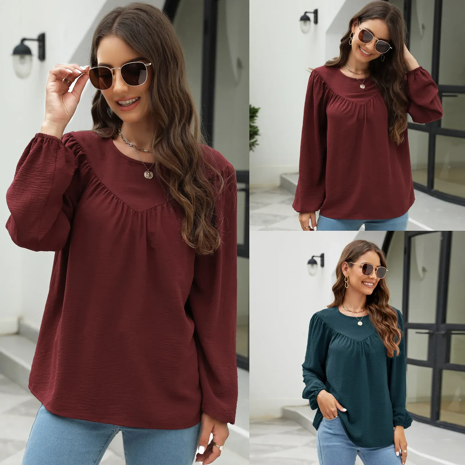 Camiseta roupas para grávidas plissado manga longa blusa camisa camisetas primavera outono casual feminino chiffon oneck blusa camiseta pulôver topo