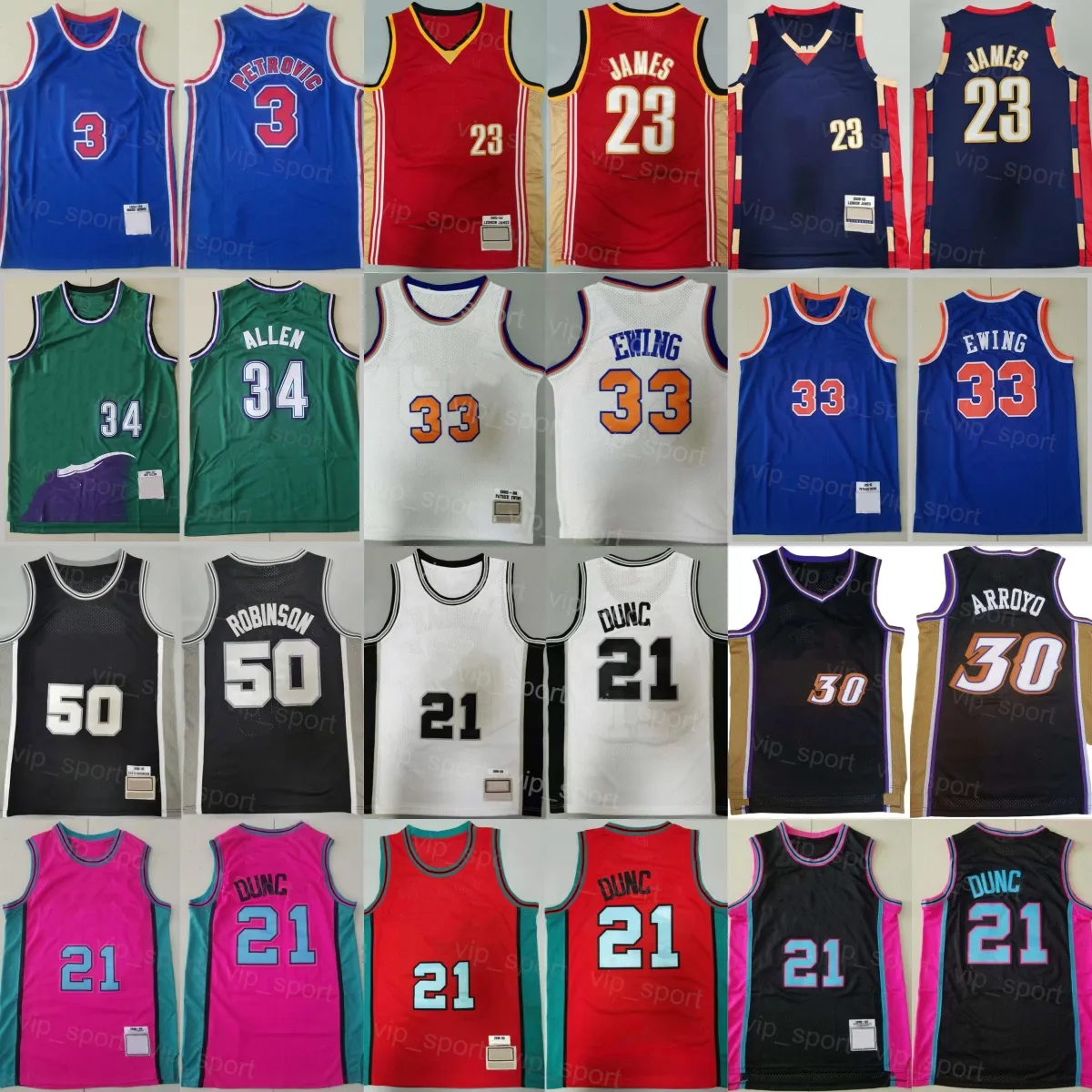 Vintage Basketball Carlos Arroyo Jersey 30 Retro Drazen Petrovic 3 Tim Duncan 21 David Robinson 50 Ray Allen 34 LeBron James 23 Blue White Black Red Throwback