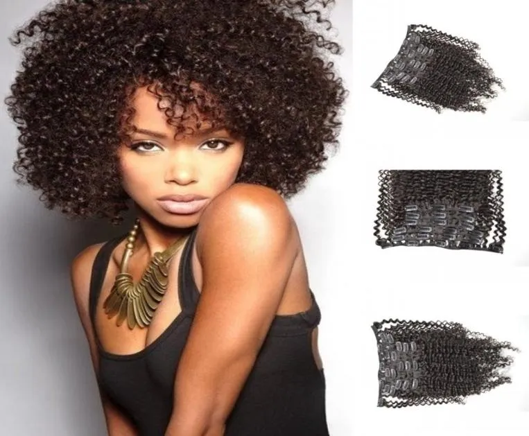 4B 4C Kinky Curly Clip in Human Hair Extensons 7pcs Rosyjski Afroamerykan