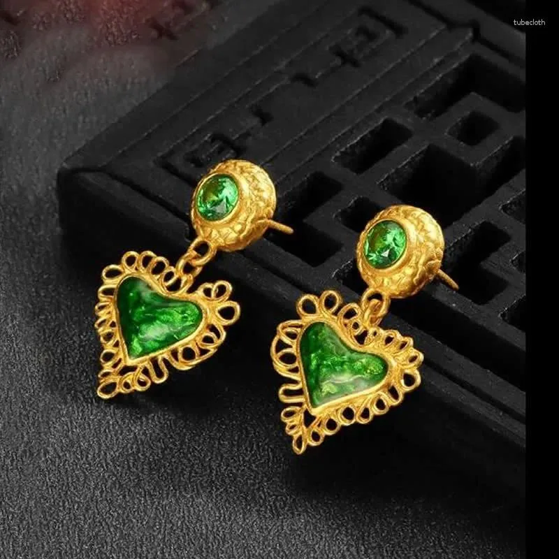 Boucles d'oreilles pendantes en or jaune 24 carats pour femmes, cristal vert, cœur