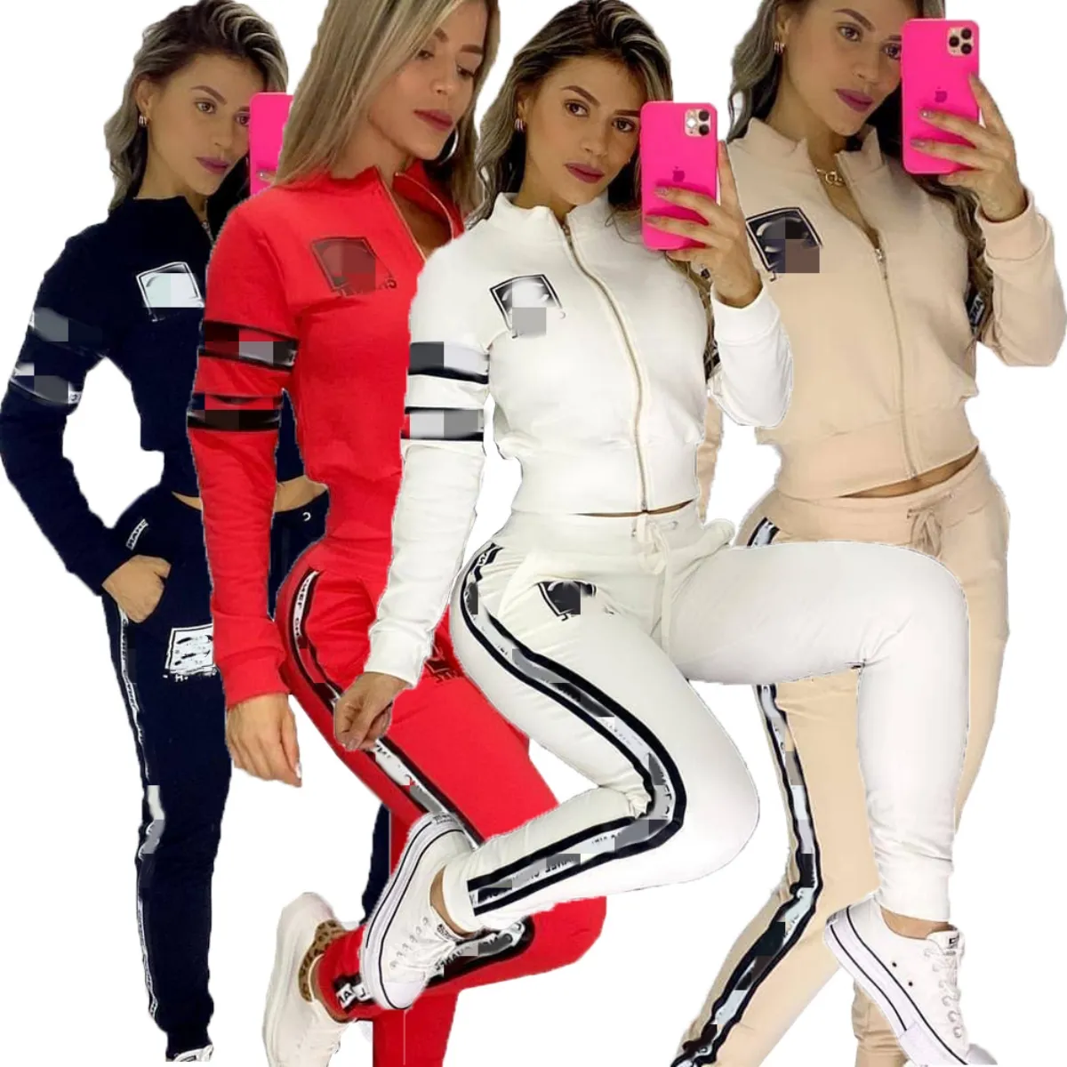 2024 Sporty Two Piece Pants Tracksuit Women Casual Zip Jacket and Sweatpants Set Free Ship