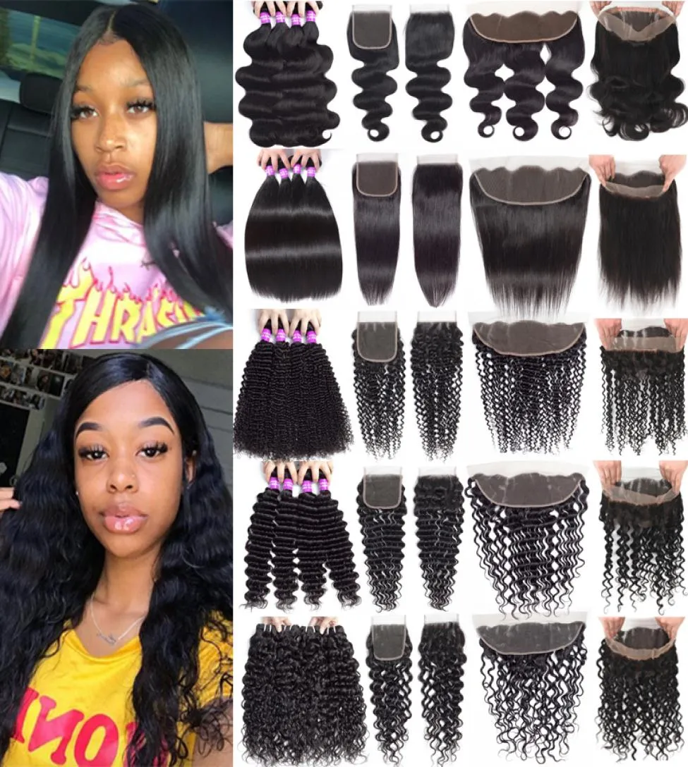 Brazylijskie ludzkie włosy wiązki z zamykaniem Remy Virgin Hair Głębokie Fali Kręcone z koronkowymi przednimi ludzkimi włosami splot z 360 LAC9162062