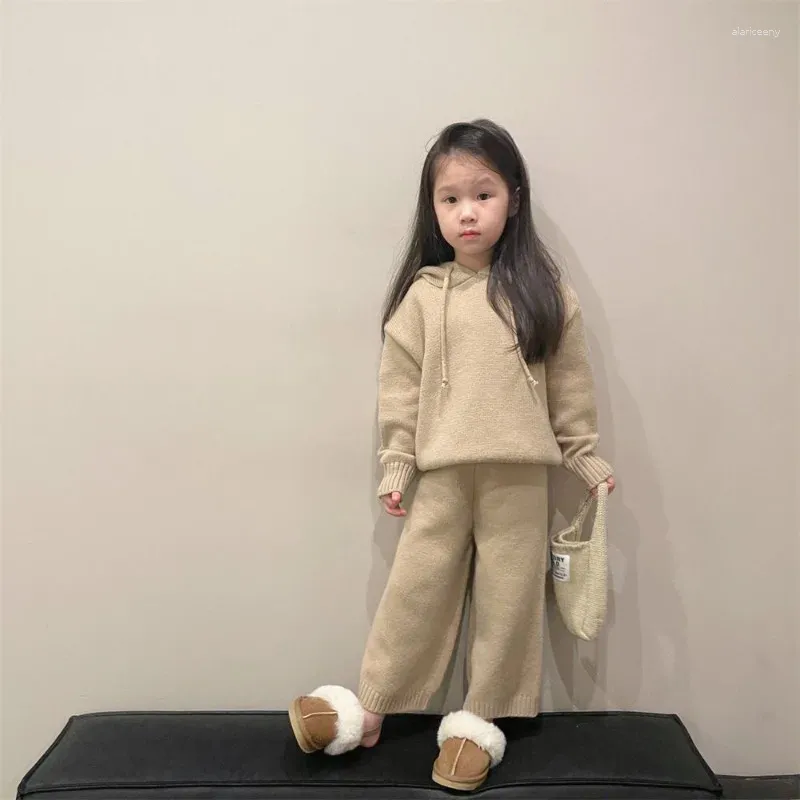 Kläder sätter flickor avslappnad huva stickad koreansk tröja set barns höst vinterrock och byxor barn två bitkläder