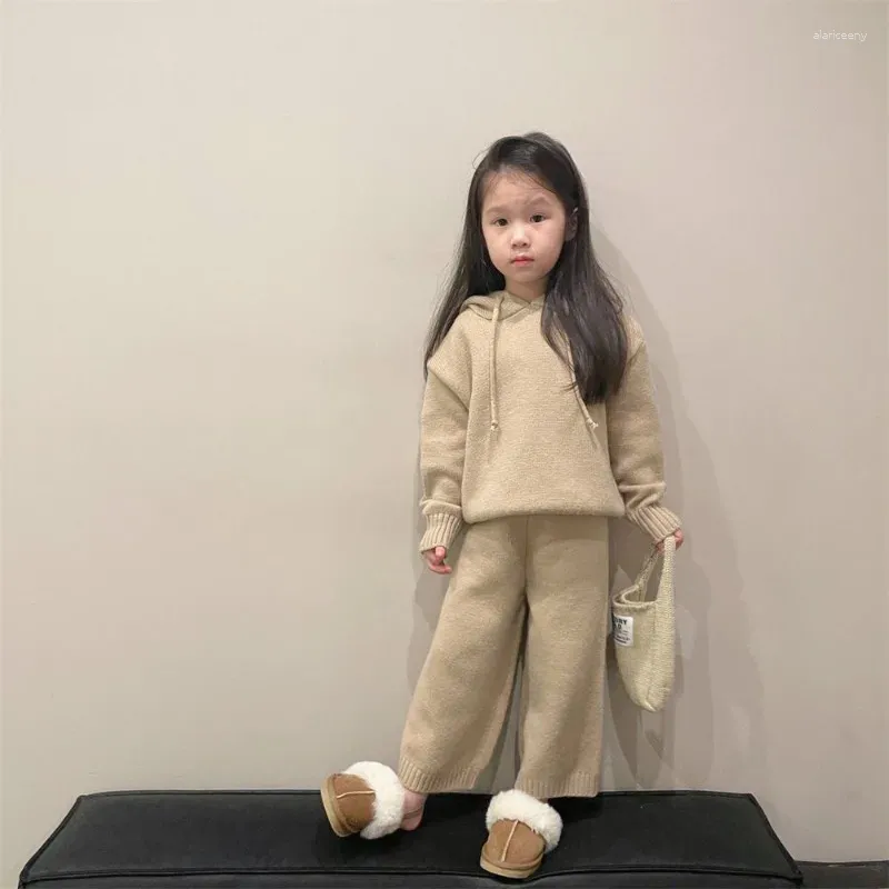 Ensembles de vêtements pour filles, pull coréen tricoté à capuche, décontracté, ensemble manteau et pantalon pour enfants, automne hiver, vêtements deux pièces