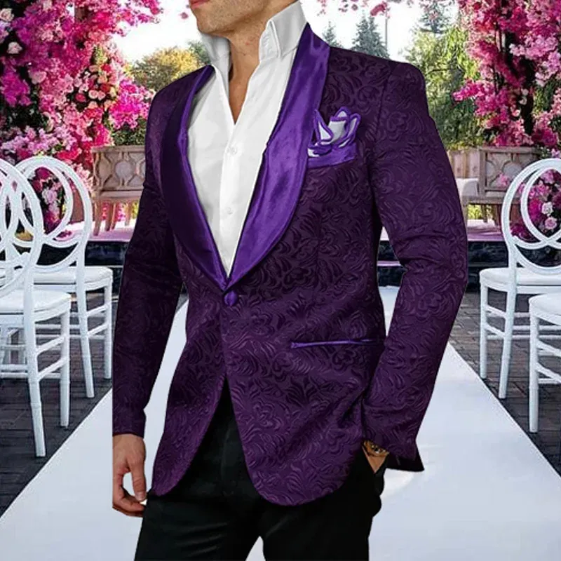 Ternos roxo terno masculino 2 peça noite ameixa paisley jantar jaqueta floral impressão cetim terno masculino casamento noivo baile de formatura vestido de festa terno smoking