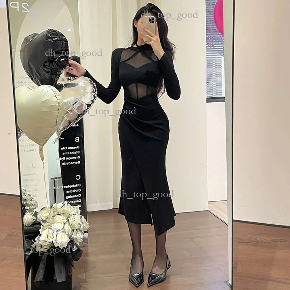 Nya Spice Girls Sexy Slim Black Fishbone Dress Women's Mesh Splicing Package Hip Long Sleeve Women's Dresses 612