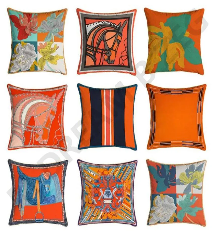 Cojín de serie naranja con estampado de flores y caballos, almohada cuadrada para decoración de silla de hogar y sofá, HT1127494763