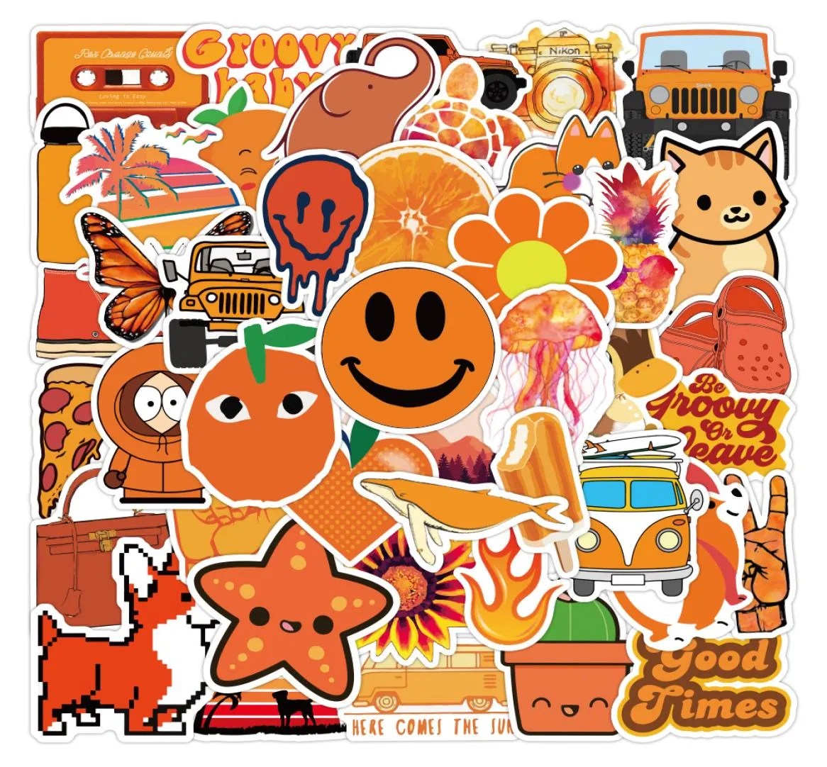 50 STUKS Cartoon Kat Hond Fruit Dieren Mix Leuke Graffiti Stickers Pack Oranje Decals Voor Laptop Notebook Auto Diy Telefoon kinderen Toys1632261