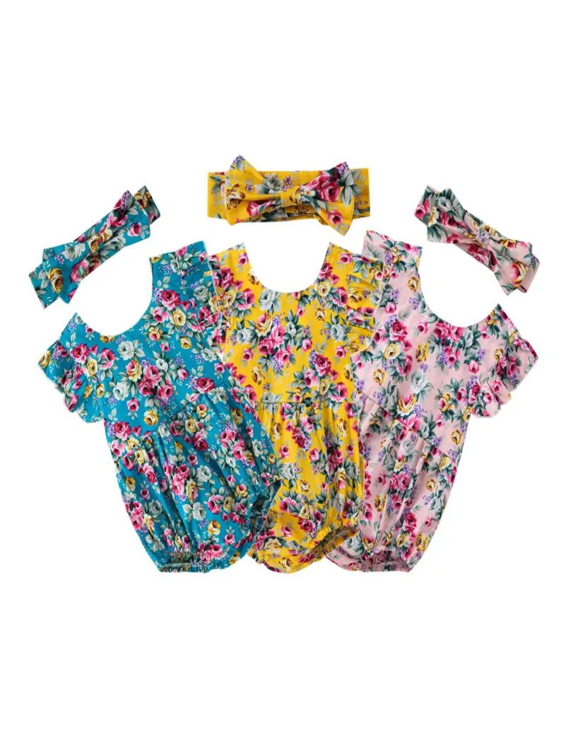 Crianças roupas florais bebê meninas manga voadora flor macacão arco headbands 2pcssets verão infantis macacões florais roupas m171508478