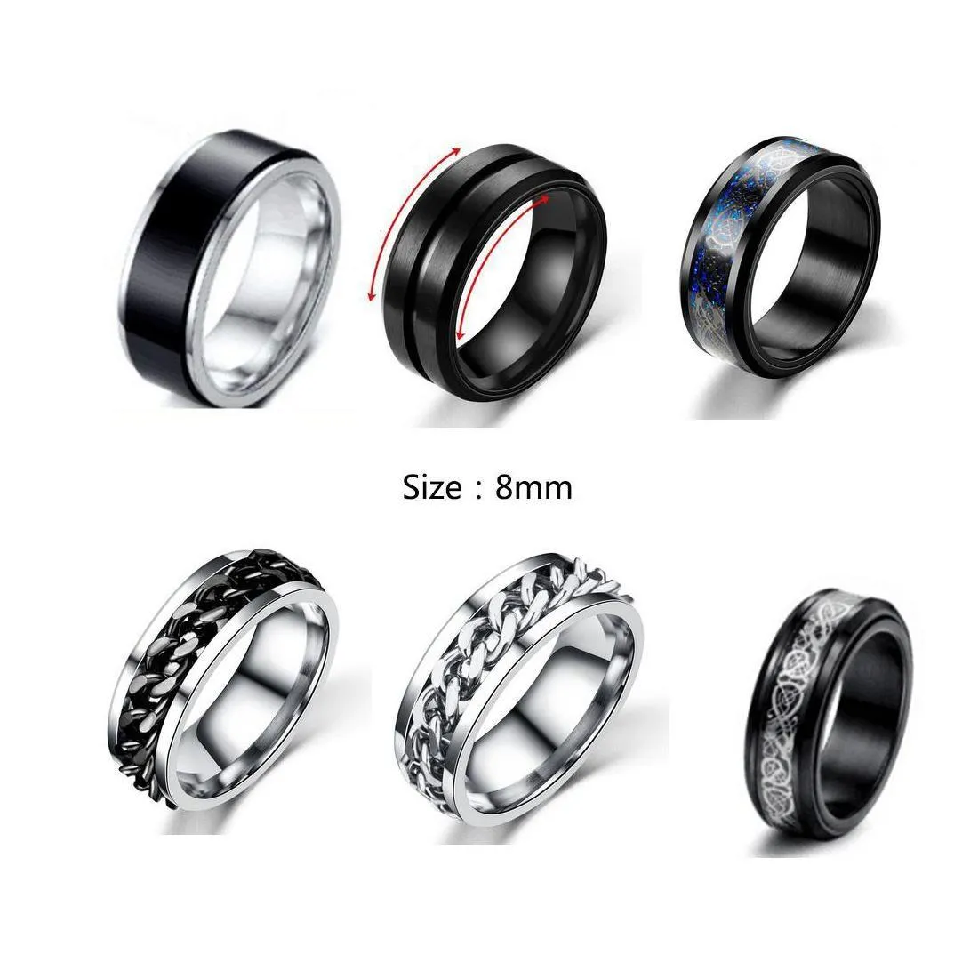 Bandringar 6mm 8mm rostfritt stål kedja roterande ring personlig anti ångest fidget för kvinnor män trendiga smycken gåva svart sliv dhxib