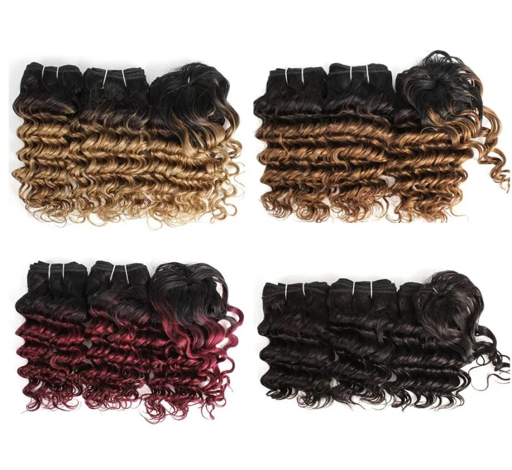 Ombre cabelo humano tece indiano onda profunda pacotes de cabelo encaracolado 810 Polegada 3 pçsset loira vinho tinto extensões de cabelo humano 166gset4781356