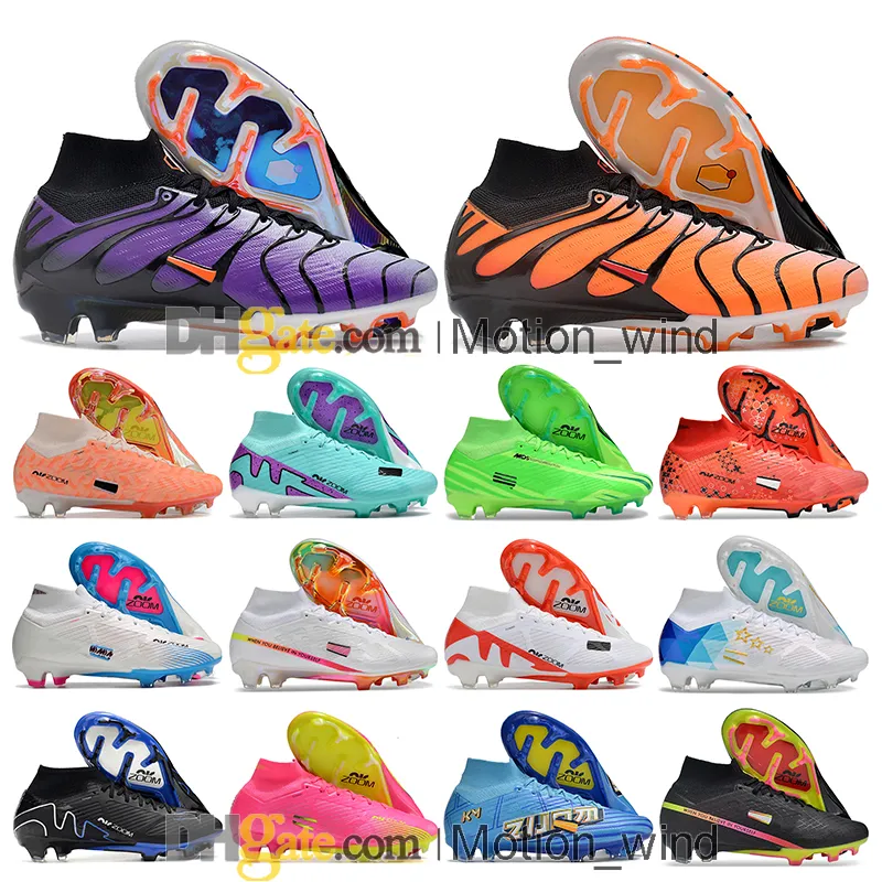 هدية حقيبة رجال عالية في الكاحل أحذية كرة القدم رونالدو CR7 Mercuriales IX Elite TNS FG Cleats Mbappe Zooms Superflys 9 Soccer Tops Tops Outdoor Trainers Botas de Futbol