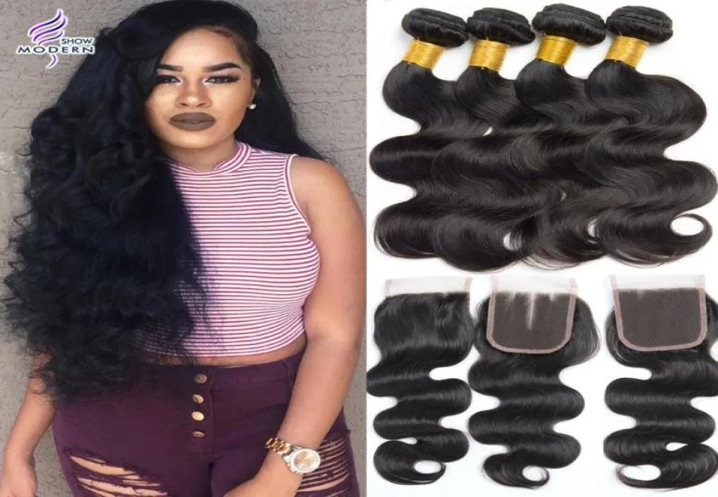 Peruvian Virgin Hair with Closure Modern Show Hair with Closure Peruvian Body Wave Human hair Weave 4 Bundles with Closure4112450