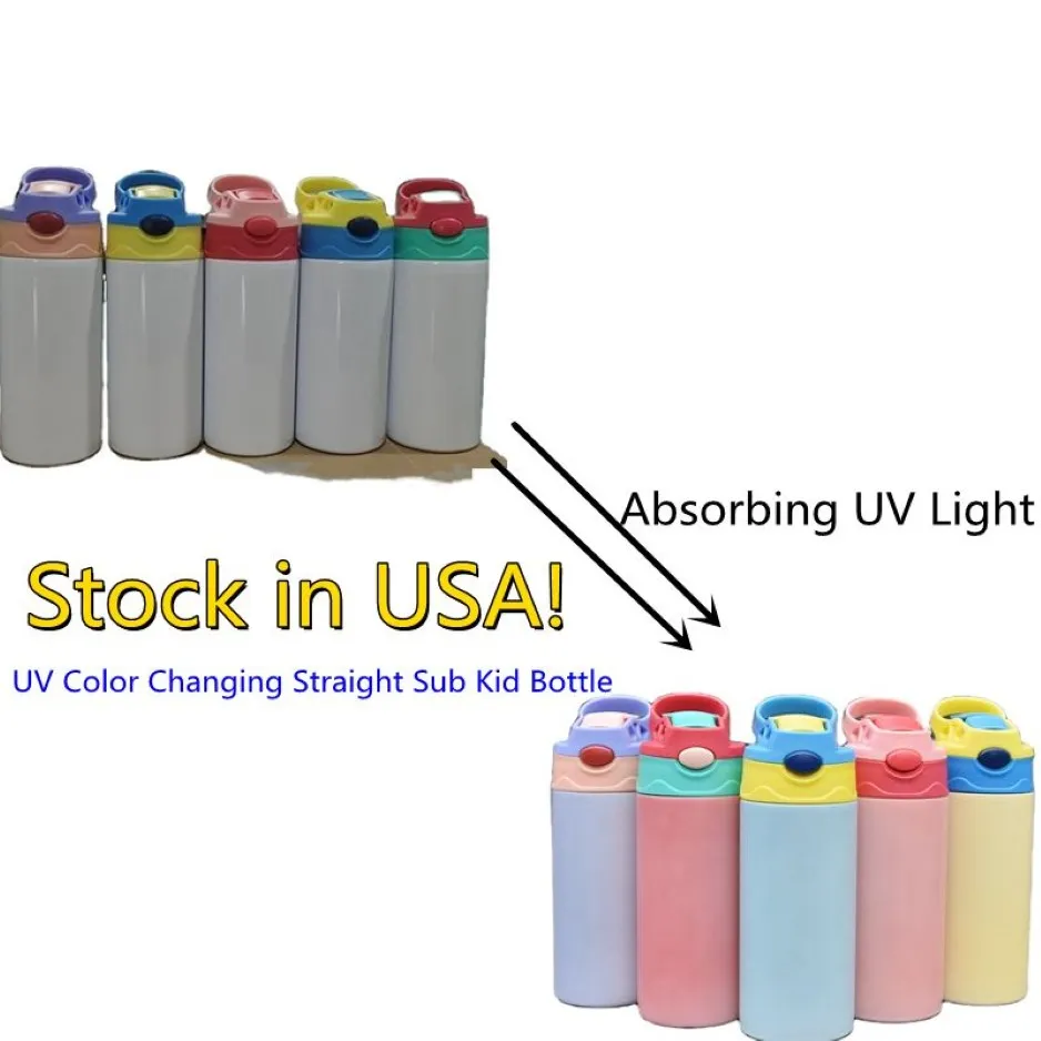 USA STOCKED UV Color Changing Bottle 12oz Sublimation Straight Kids Sippy Cups Stainless Steel Double Wall Insulated Vacuum Sunsh243z