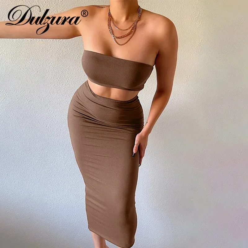 بدلات Dulzura Solid Women 2 قطعة مجموعة أنبوب المحصول أعلى Midi Skirt Bodycon Sexy Streetwear Party Club الأنيقة مطابقة Ords 2021 الصيف