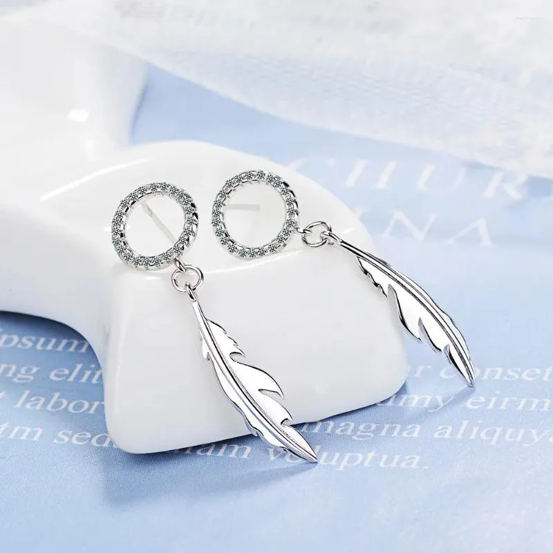 Stud Ohrringe Silber Farbe Feder Ohrring Für Frauen Runde Zirkon Mode Koearn Lange Quaste Ohrringe Pendientes
