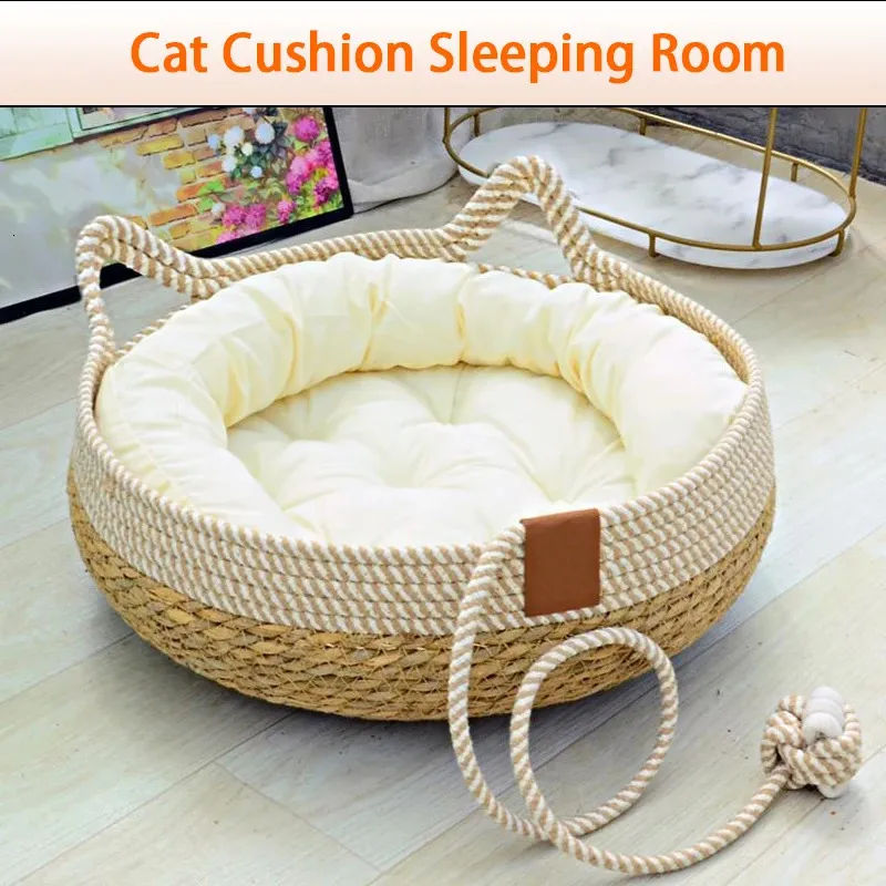 Lit d'été pour chat tissé, rembourrage amovible, maison de couchage pour chat, sol à gratter en rotin, résistant à l'usure, lavable, fournitures pour animaux de compagnie 240226