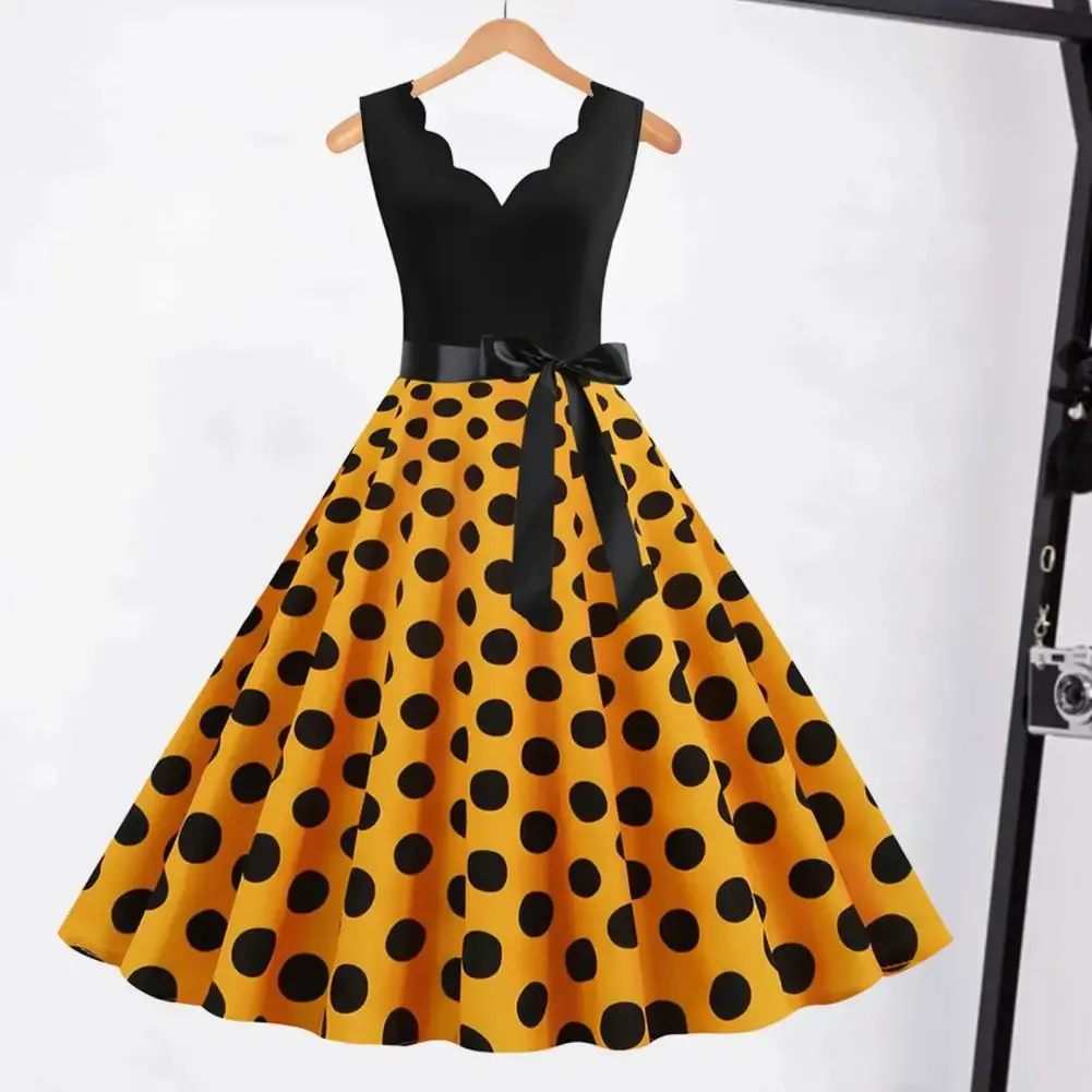 女性レトロサマードレスオードリーヘプバーン50S 60SロカビリーVNECK POLKA DOT BOW PINUP PART PARTY ROBEクリスマスVestidos S3XL 240308