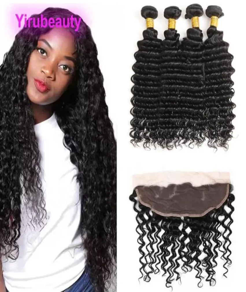 Cheveux humains brésiliens 4 paquets avec 13x4 dentelle frontale profonde bouclée 5 pièces Double trames 1030 pouces couleur naturelle Part3755259