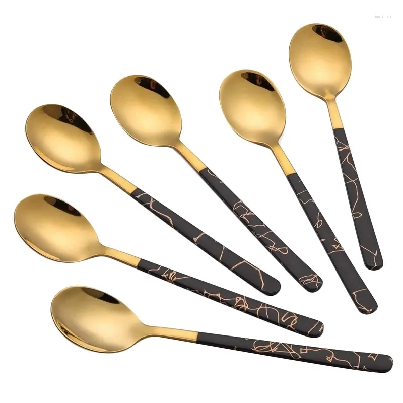 Löffel, goldener Edelstahl, schwarzer Löffel für Kaffee, Schokolade, Nachmittagstee, Party, Besteck, Besteck, Teelöffel-Sets, 6 Stück