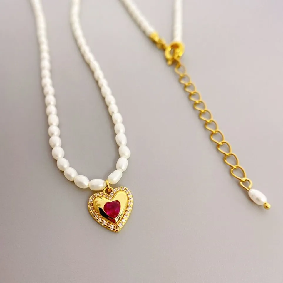 Heart Charm Pendant Necklace Little Pearls Chain Seed Beads Necklaces328M