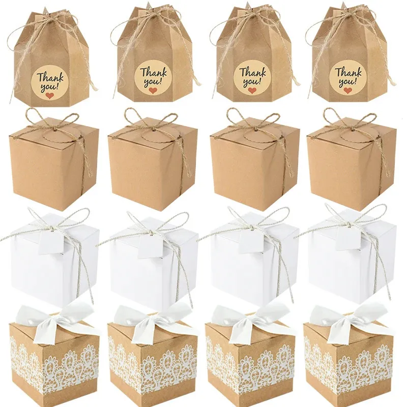 10 kare Kraft Kağıt Şeker Kutuları Halat Düğün İndirim Düzeni Dantel Çikolata Kutuları Doğum Günü Bebek Duş Partisi Hediye Ambalaj Dekorasyonu 240309