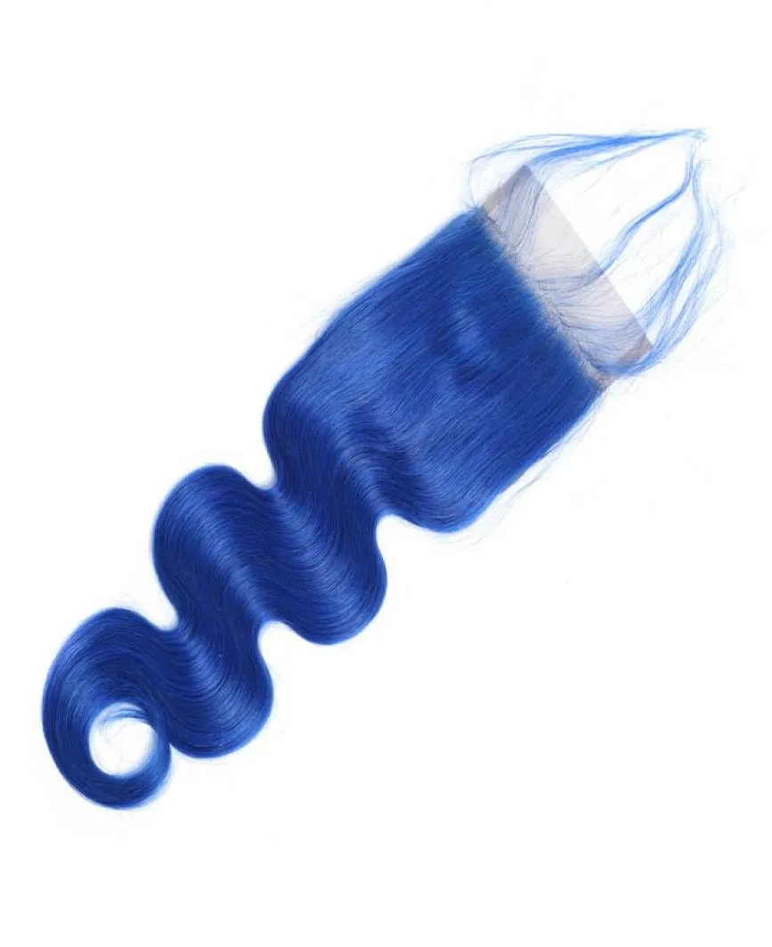 4x4 Transparent spetsstängning endast färgat blått mänskligt hår Förplukt brasiliansk kroppsvåg remy hår9145783
