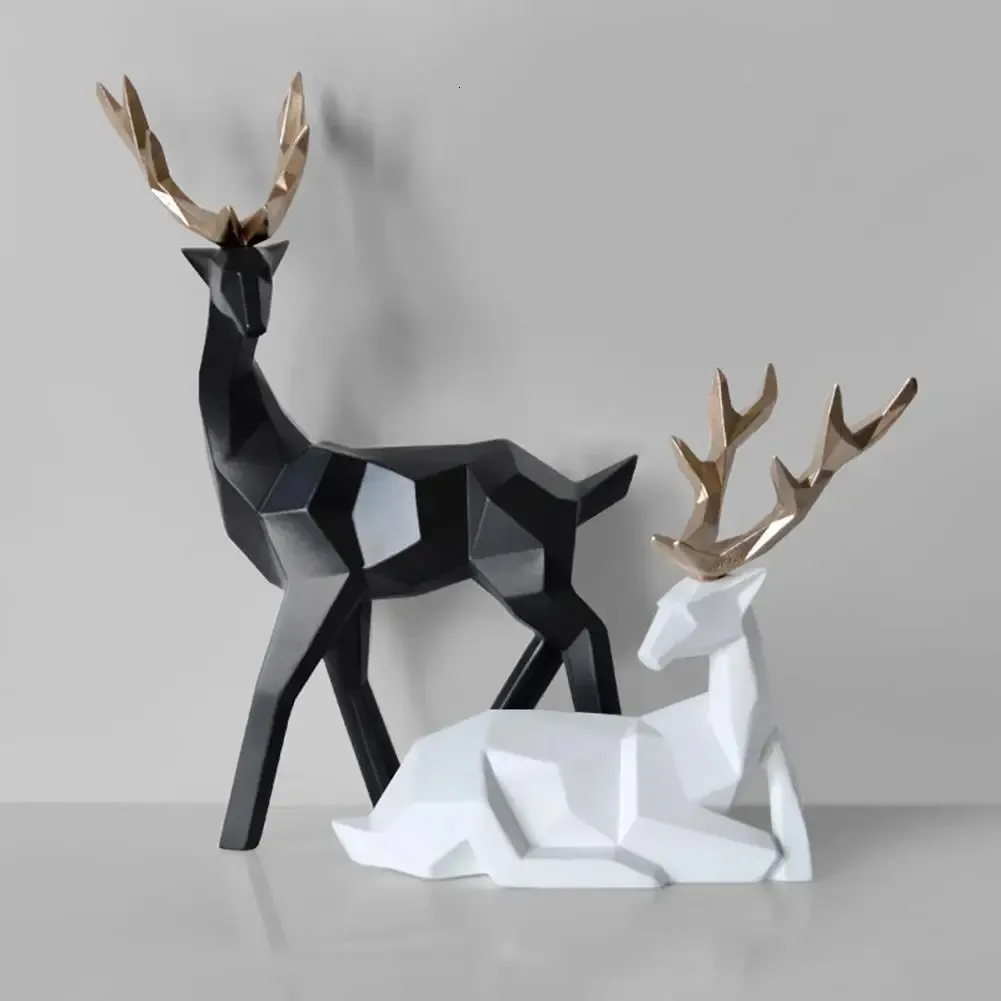 2st Geometric Couple Deer Statue Elk Figur Harts Sculpture Home Living Room Tablett Prydnad Juldekoration Gift 240304