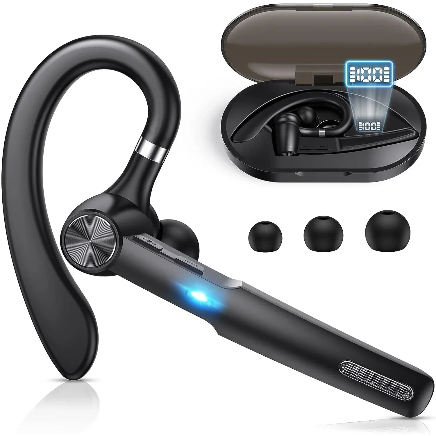 Casque Bluetooth, écouteur Bluetooth avec étui de chargement, écouteurs sans fil mains libres, micro intégré pour la conduite/affaires/bureau