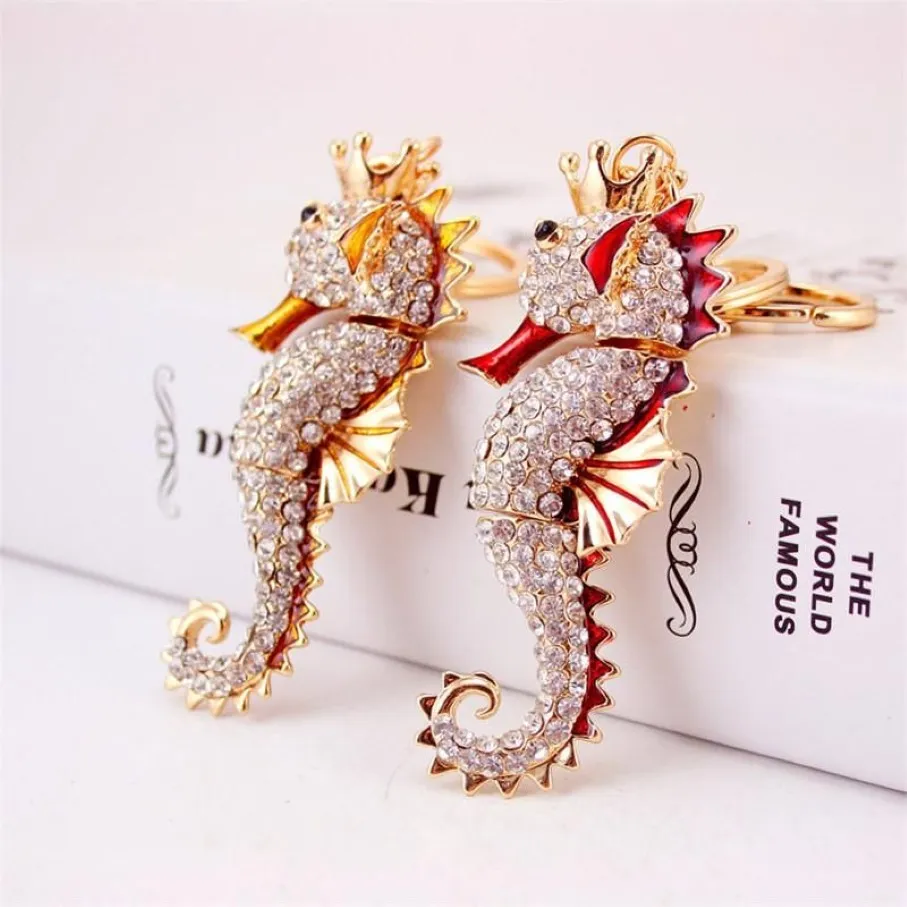 Sea Horse Pendant Keychain Holder Emamel Crystal Rhinestone Animal Fashion Car Key Chains Ring Charm Women Bag Jewelry244y