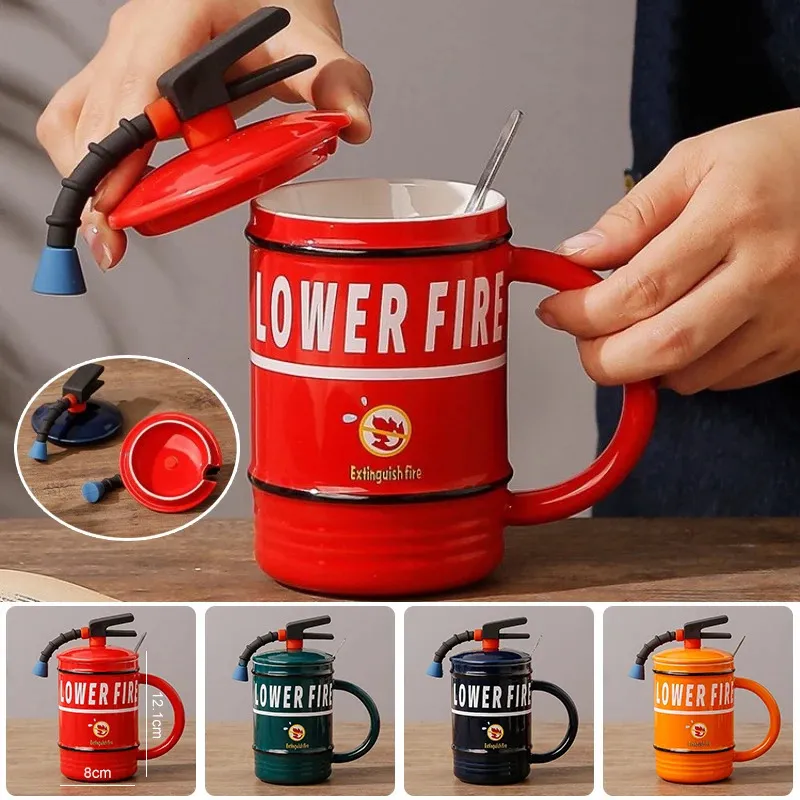 Creative Ceramic Mug Fire Extinguisher Shape Personality Water Bottle Home Office Coffee with Lid Spoon Fireman Perfect Gift 240301