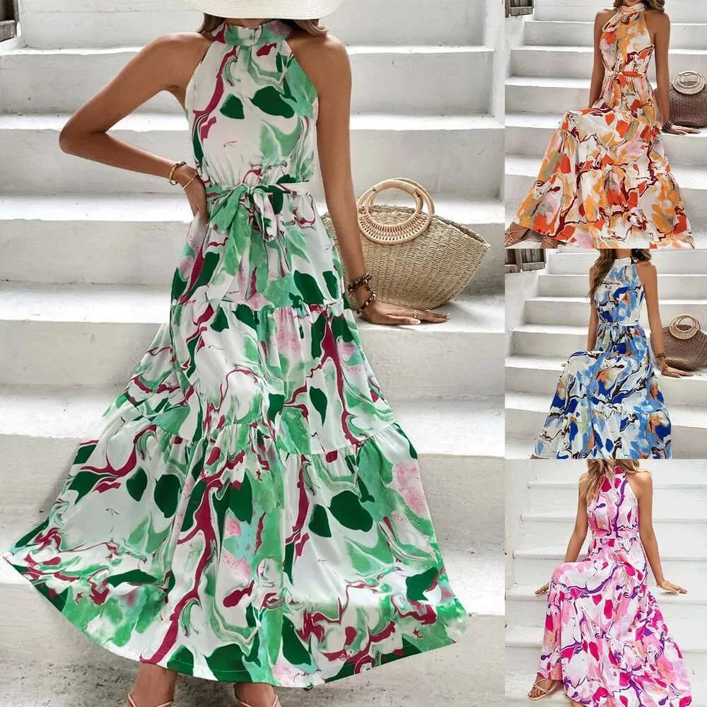 Summer Casual Dresses Womens Clothing Bohemian tryckt ärmlös Swing Ruffles klänning