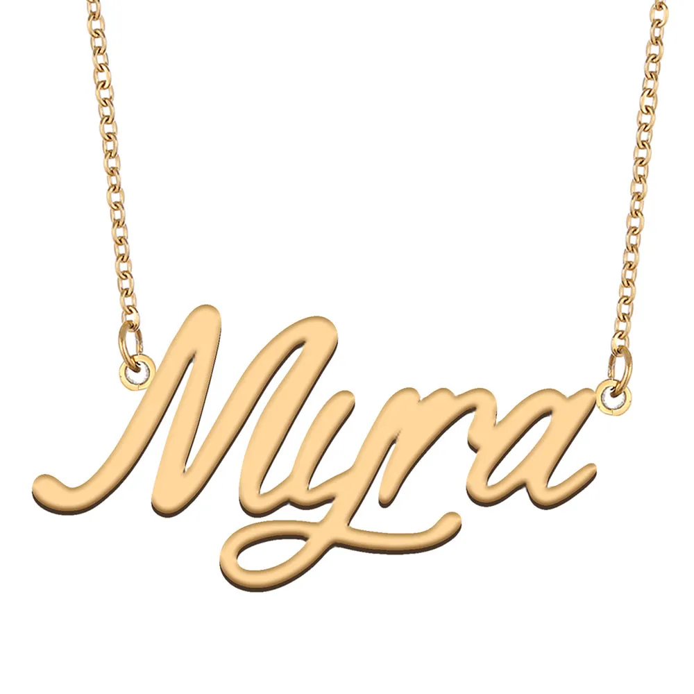 Ожерелья с именем Myra, кулон на заказ, персонализированный для женщин, девочек, детей, лучших друзей, подарки для матерей, позолоченная нержавеющая сталь 18 карат