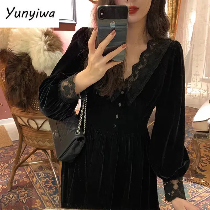 Robe française décontractée en dentelle et velours pour femmes, noire, élégante, tenue de soirée Vintage, taille haute, manches longues, automne 2020