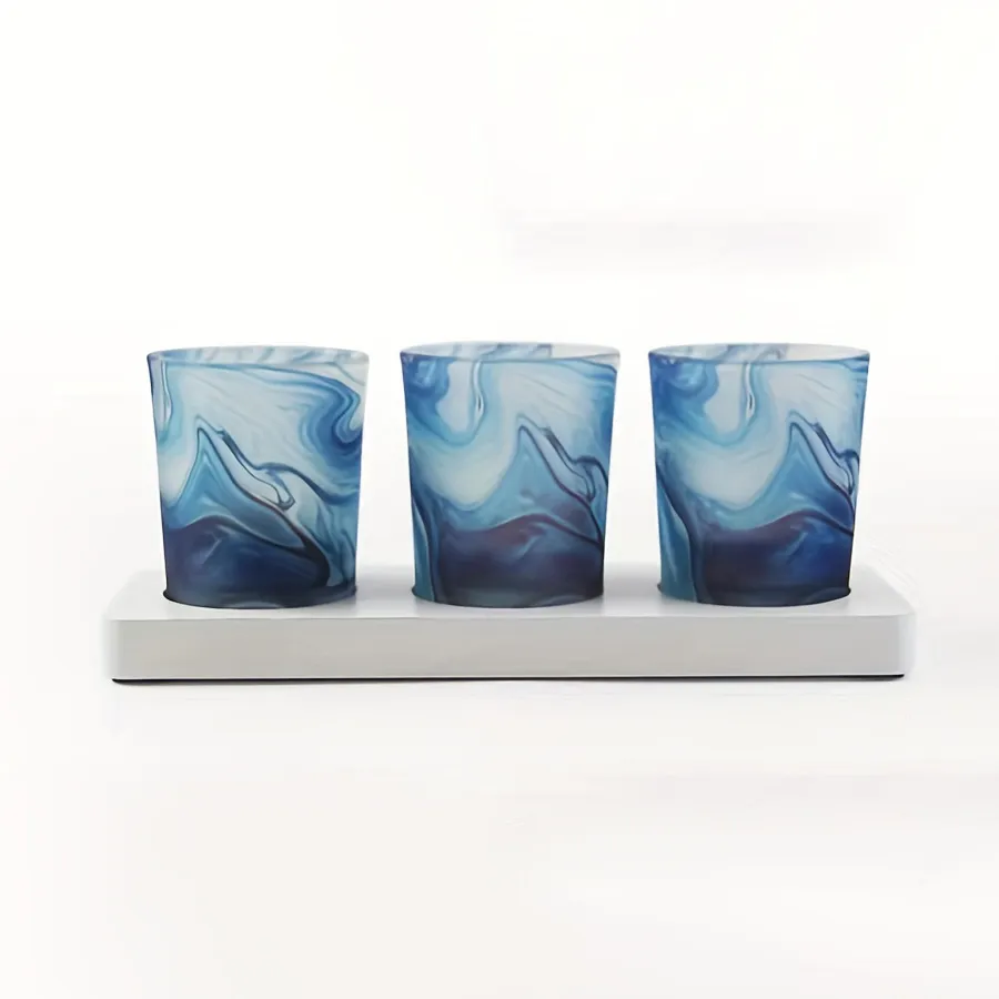 Decorative Votive Candle Holder Centerpieces Set of 3 Glass Tealight Cups on White Wood Tray for Anniversary Wedding Dining Table