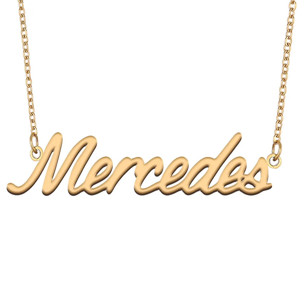 Mercedes nome colar personalizado placa de identificação pingente para mulheres meninas presente aniversário crianças melhores amigos jóias 18k banhado a ouro aço inoxidável