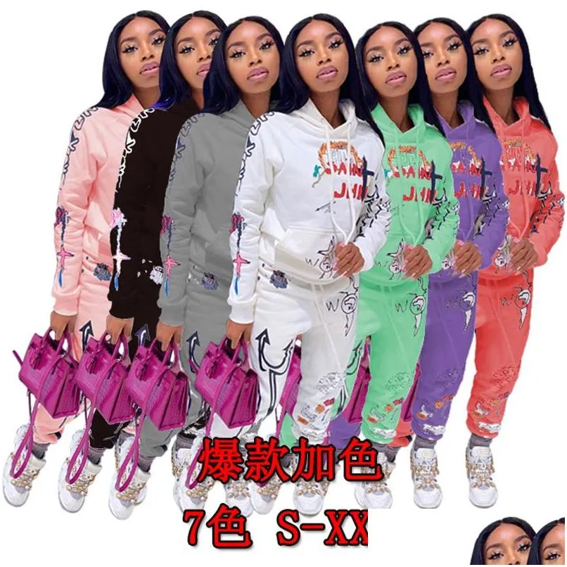 Mulheres Tracksuits Imprimir Iti Streetwear Dois 2 Peça Set Tracksuits Feminino Branco Preto Hoodies Calças Mulheres Combinando Outfits Sweatsuit Dhphk