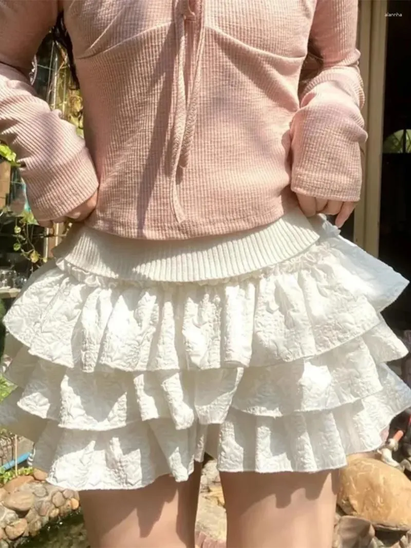 Calções femininos kawaii bloomers cor sólida 3d enrugado em camadas plissado cintura elástica calças curtas verão lolita culotte y2k 2000s