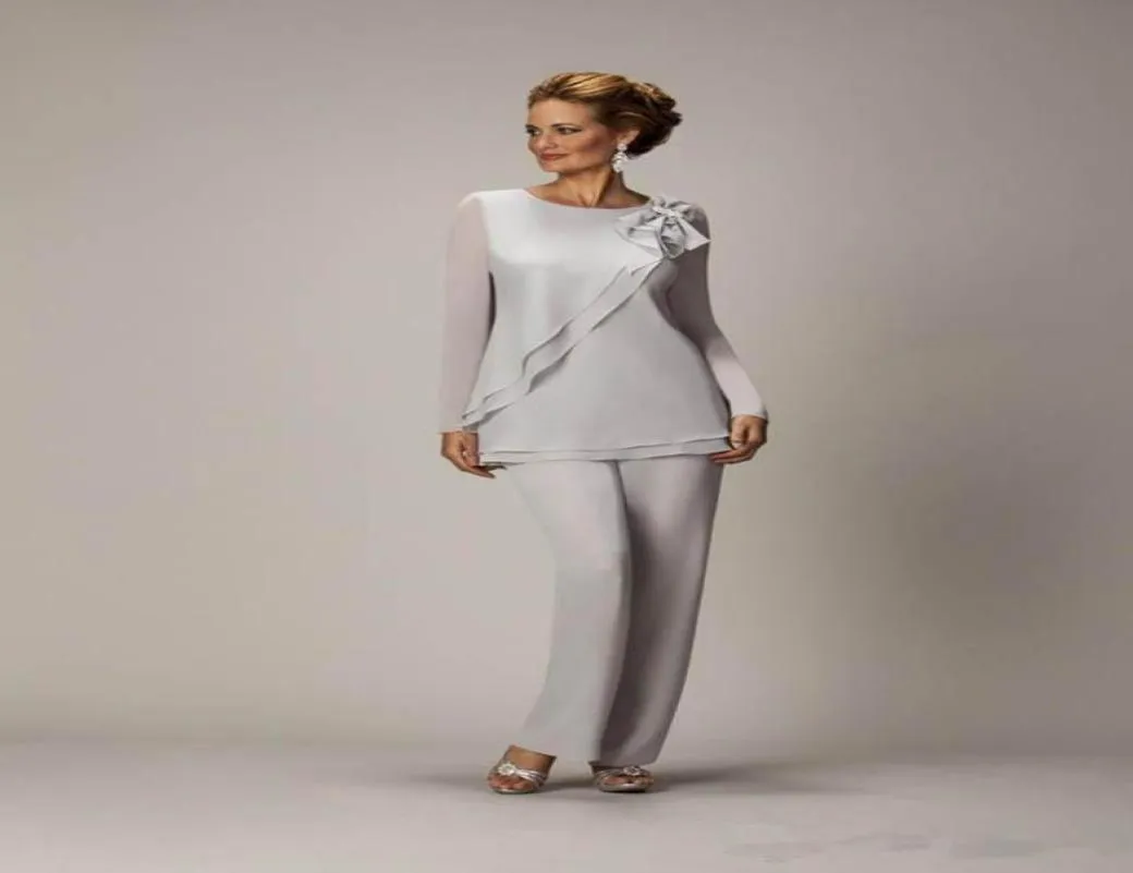 Costume de pantalon en mousseline de soie argenté bon marché pour mère de la mariée et du marié, robes de soirée de mariage pour femmes91435181554026