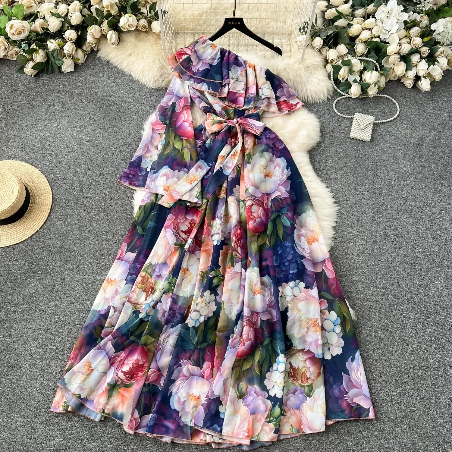 MIXXO[ミッソ] Misso Frill Flower Long One Piece A-Line Sweetheart Floor Length Chiffon Bridesmaid Dress