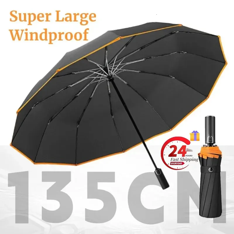 Super Large 135 cm Automatisk vikbar paraply för menvattentät vindtät stark säkerhet Reflekterande förstärkta golf stora paraplyer 240301