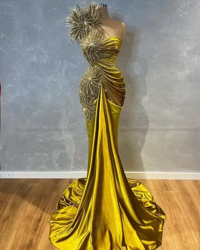 Luxuoso Árabe Aso Ebi Sereia Vestidos de Baile 2023 Olive Green Lace Frisado Um Ombro Noite Formal Festa Segunda Recepção Vestidos