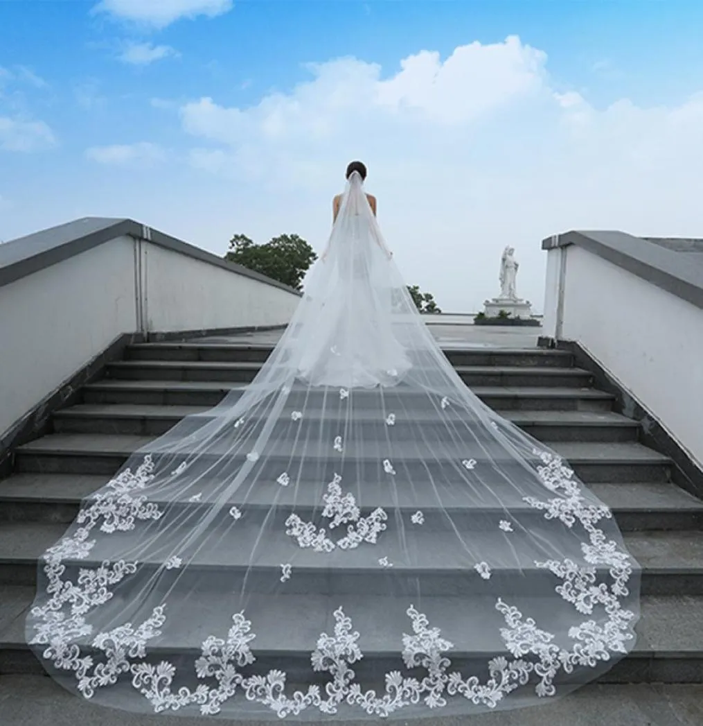 Voiles de mariage de 4 mètres de longueur avec bord en dentelle, longueur cathédrale, une couche de Tulle, sur mesure, avec peigne5791388