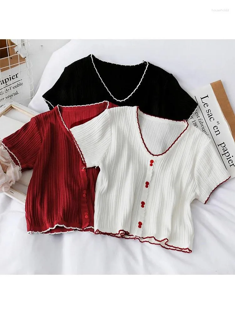 Women's T Shirts T-shirts Women Knitted Cute Crop Tees Female Buttoned Up V-Neck Solid Short Sleeve Casual 2024 Summer For