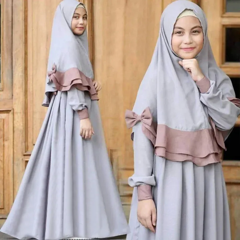 Sets 2 PCS Muslim Kids Girls Kaftan Abaya Islamic Dress Hijab Scarf Long Sleeve Maxi Dress Prayer Burka Set Clothing Ramadan