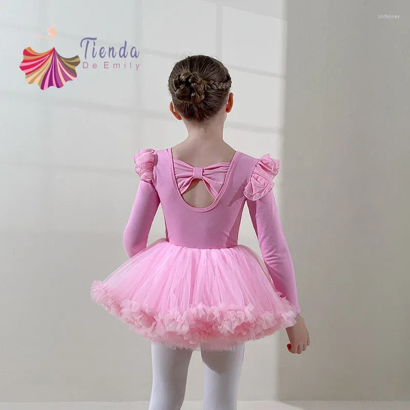 Palco desgaste ballet dancewear menina bonito tutu vestido manga longa collant plissado pescoço cisne lago trajes de festa bailarinas frente forrada rosa