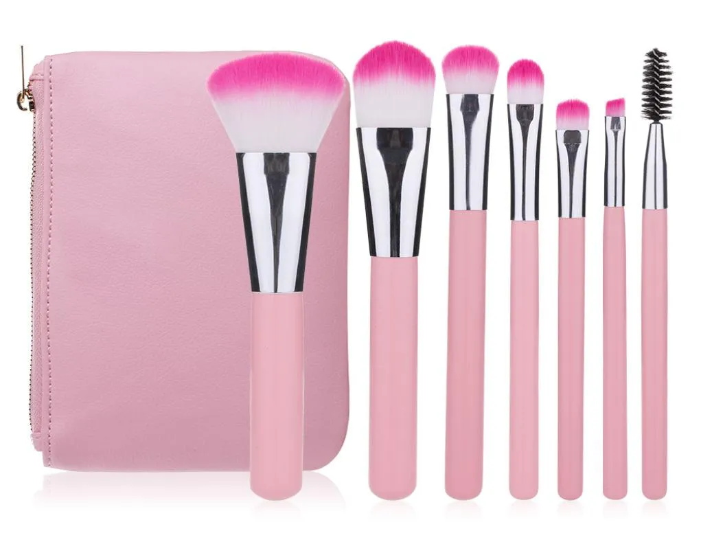 Conjunto de pincéis de maquiagem rosa, 7 peças com bolsa de couro, pincel de maquiagem profissional para sombra, base de cílios, pó, blush cosmeti9503678